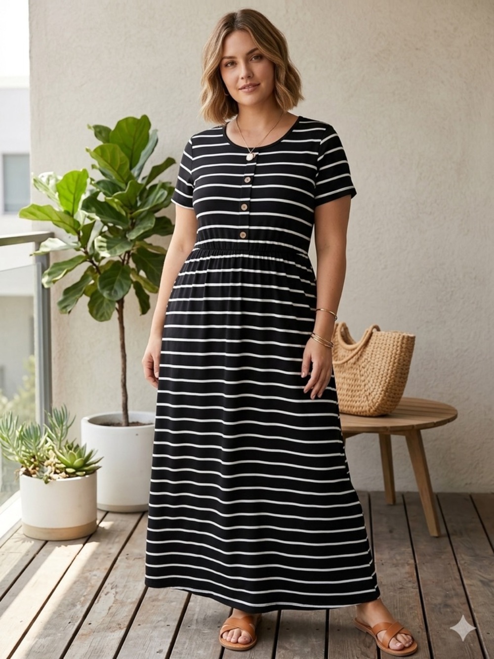 SHEIN Black and White Striped Short Sleeve Maxi Dress with Buttons